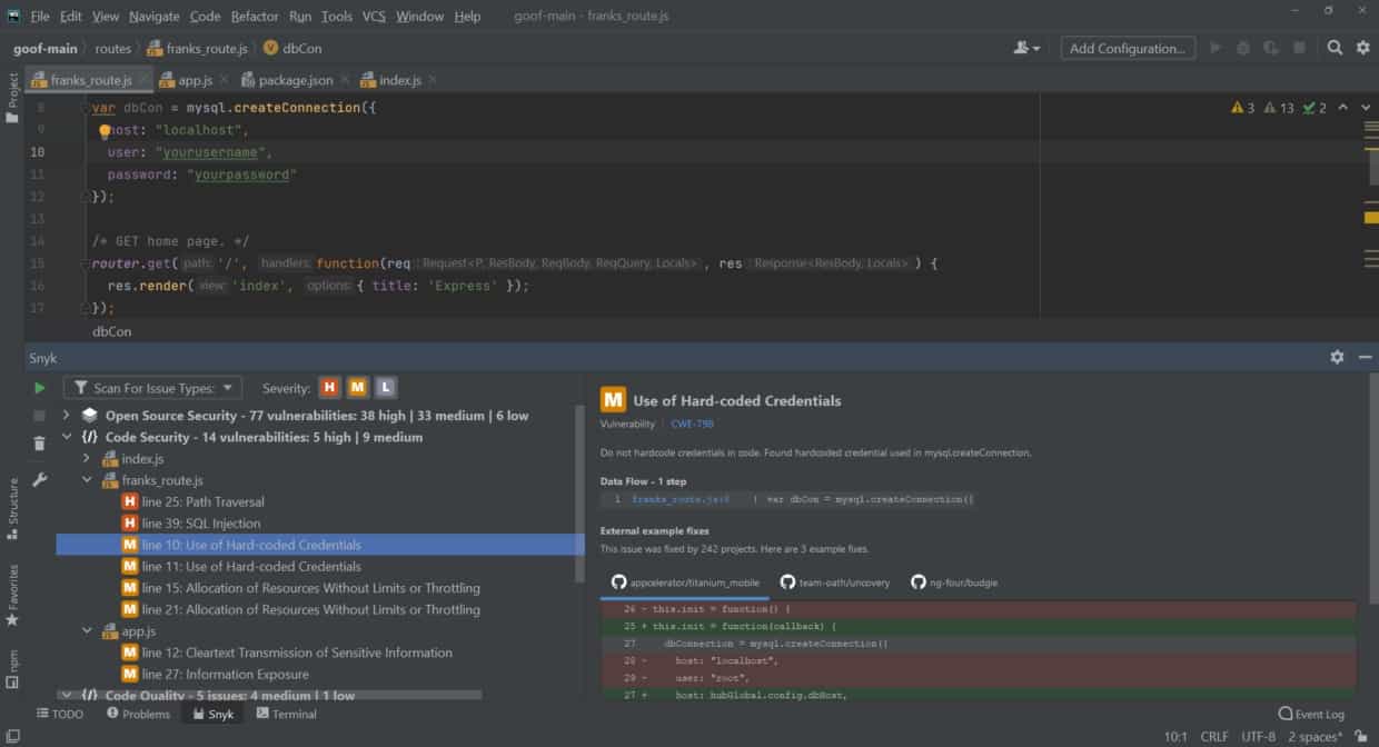 Snyk Code dashboard running