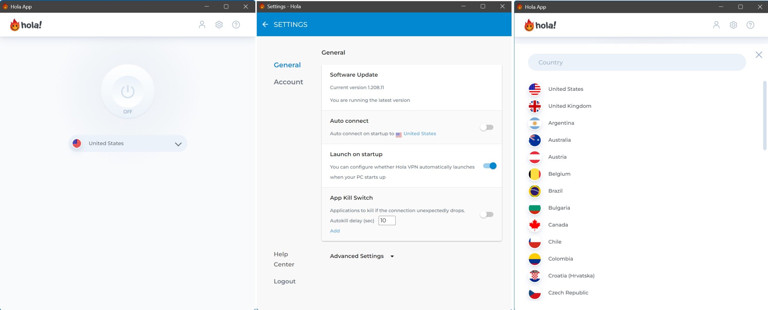 Screenshot of Hola's Windows app