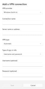 The Add VPN screen