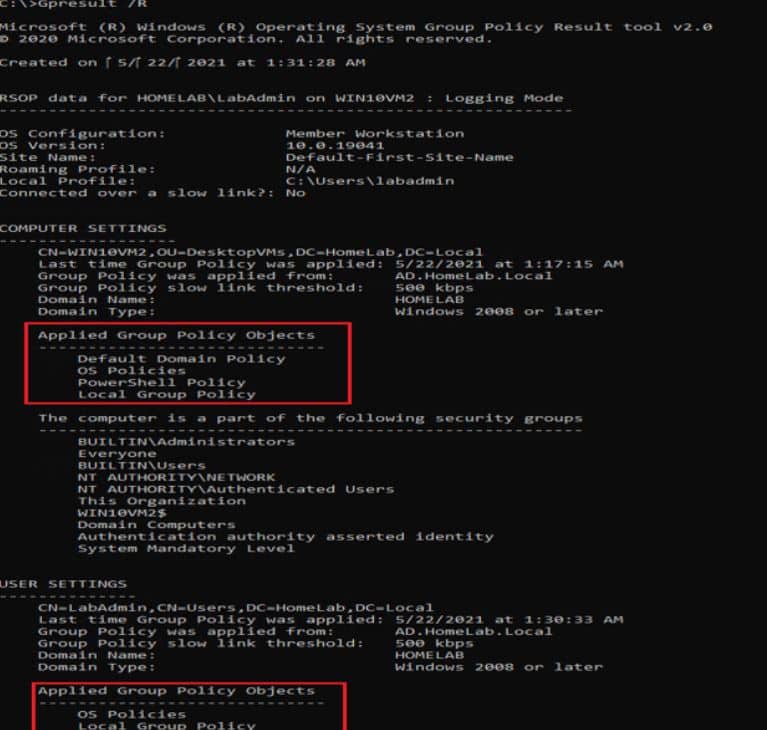 Output of gpresult/R