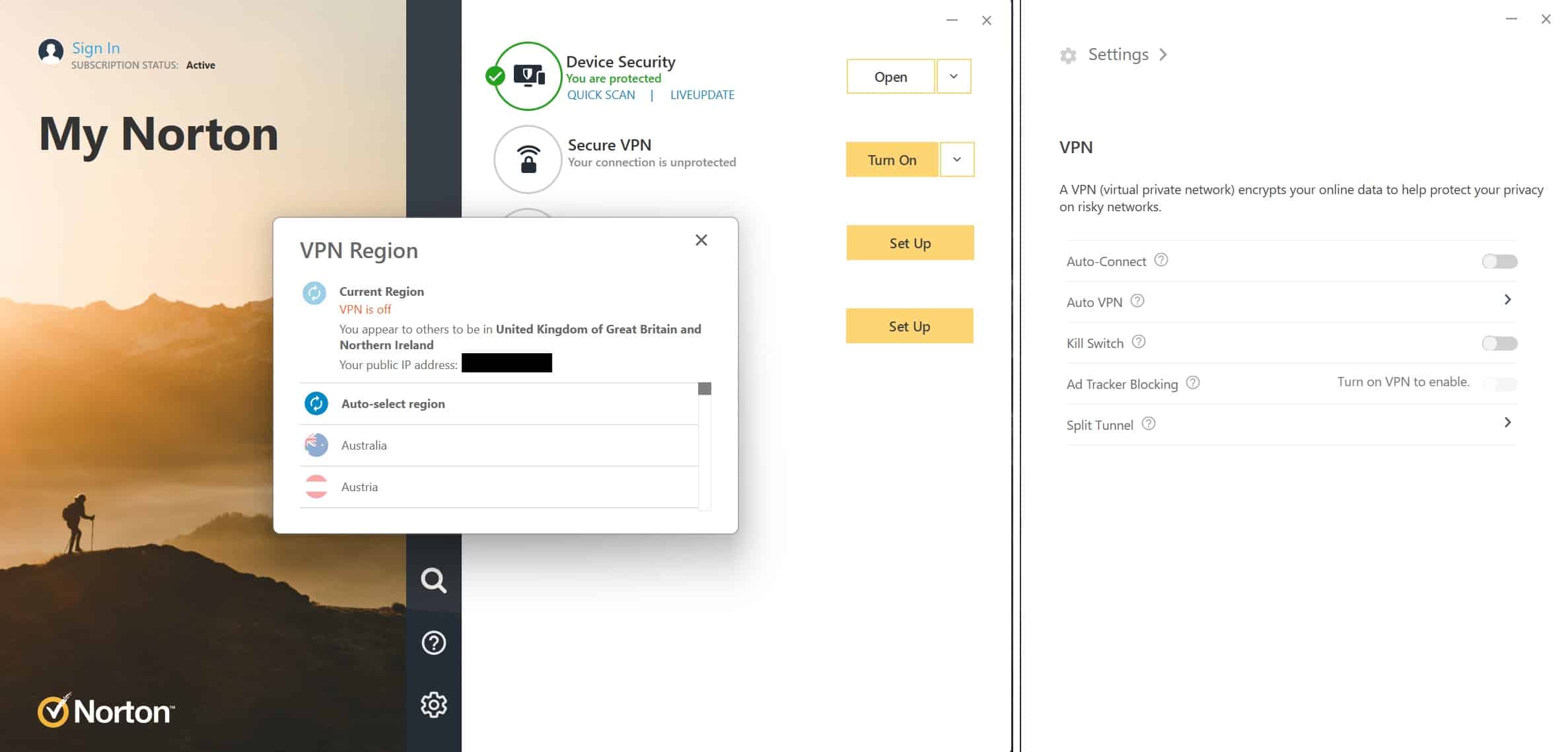 Norton 360 VPN controls desktop