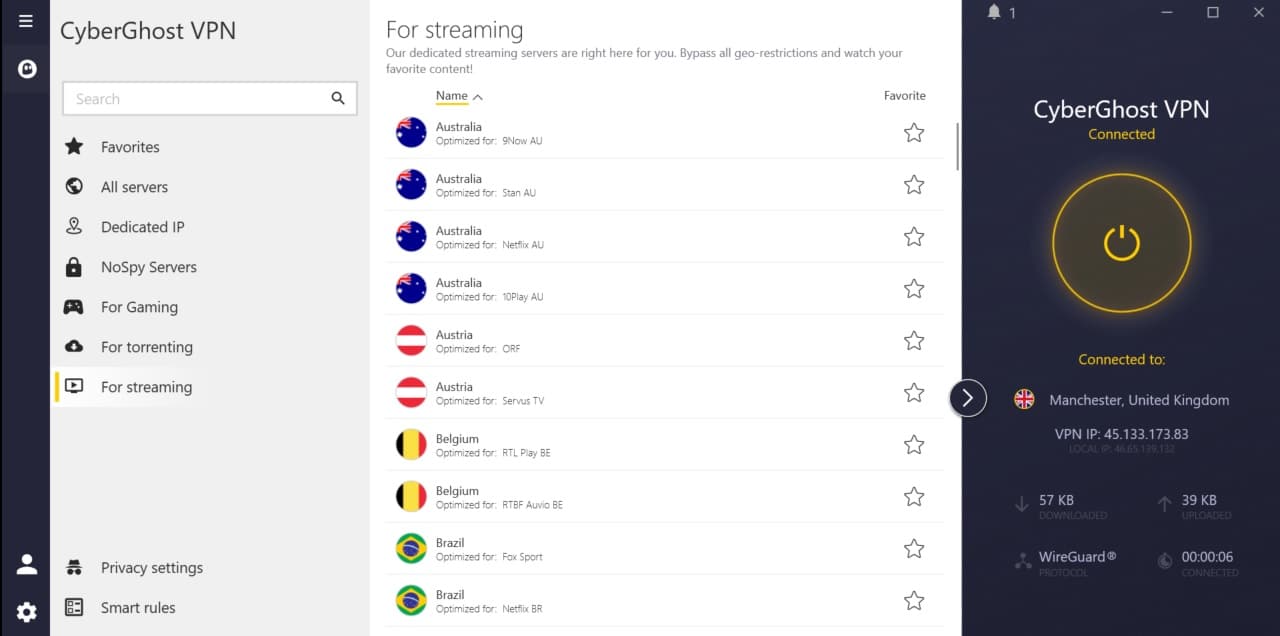 Screenshot of CyberGhost's server selection screen