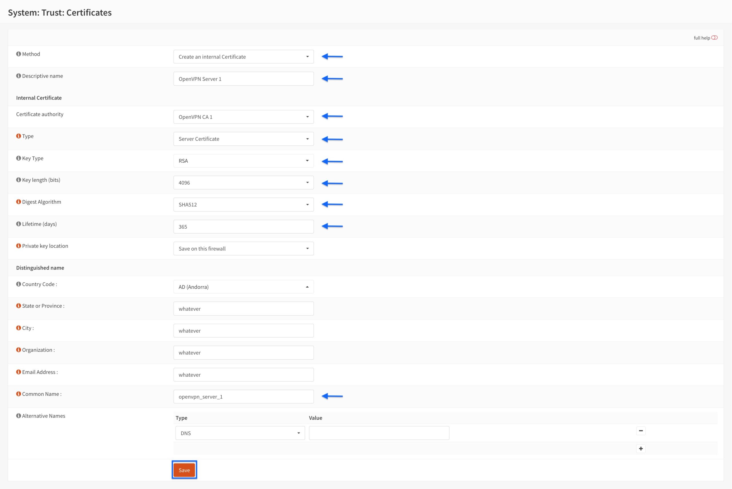OPNsense - OpenVPN Server - Configure Server Certificate