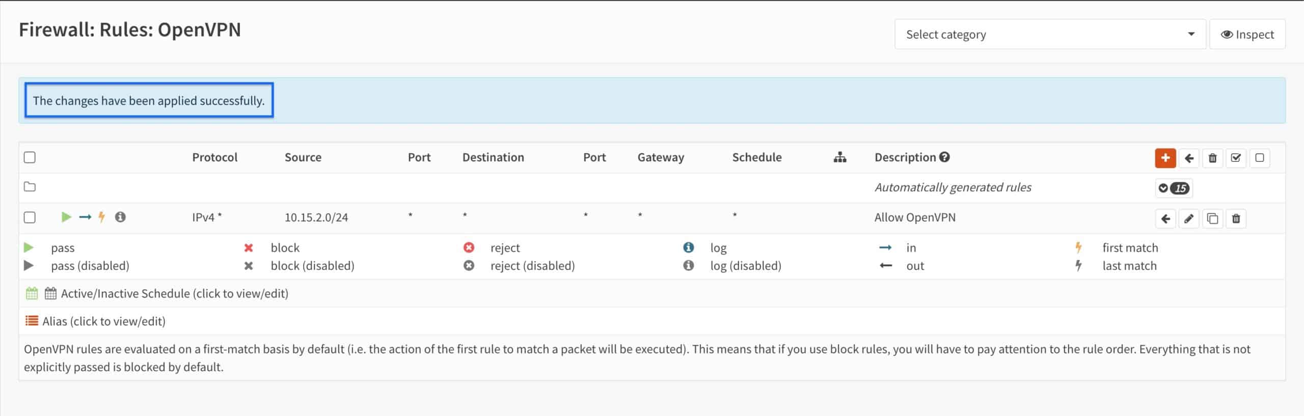 OPNsense - OpenVPN Server - OpenVPN Firewall Rule - Changes Applied