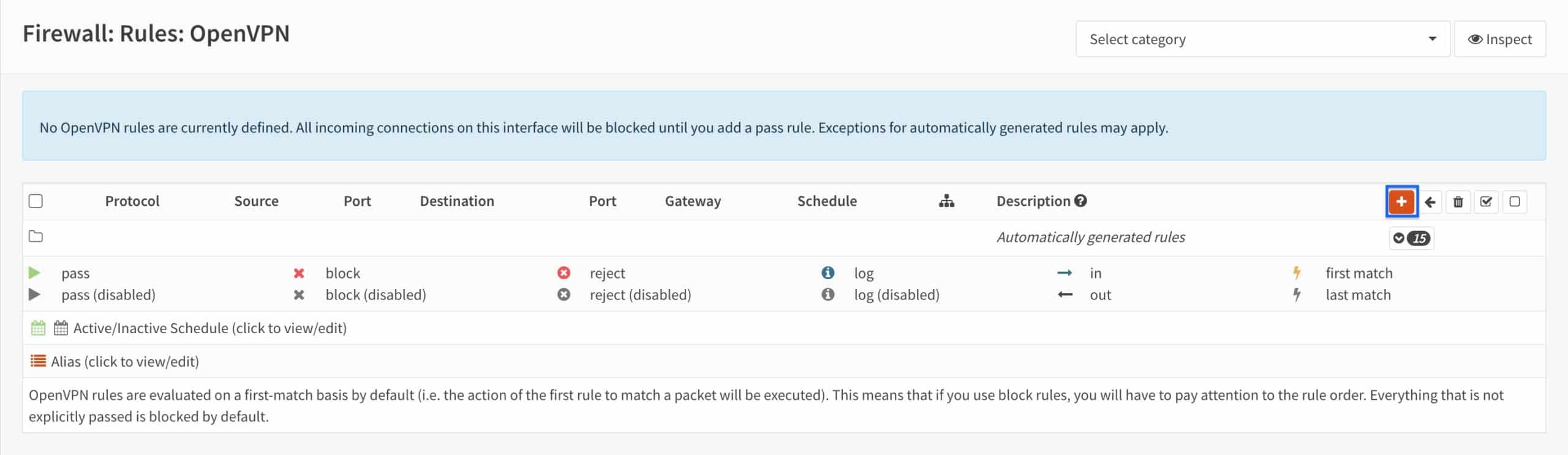 OPNsense - OpenVPN Server - OpenVPN Firewall Rules - Click Plus