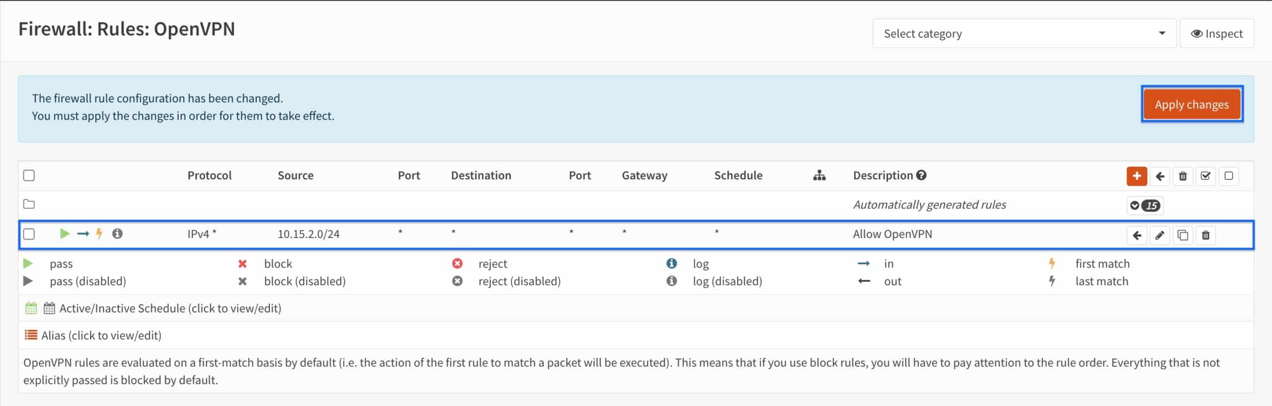 OPNsense - OpenVPN Server - OpenVPN Firewall Rule Created - Apply Changes