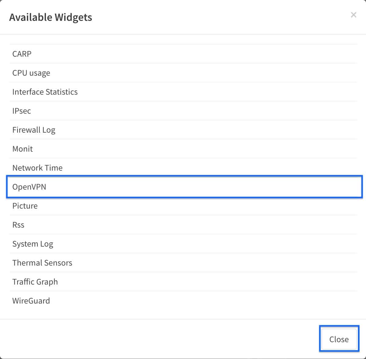 OPNsense - OpenVPN Server - Select OpenVPN Widget