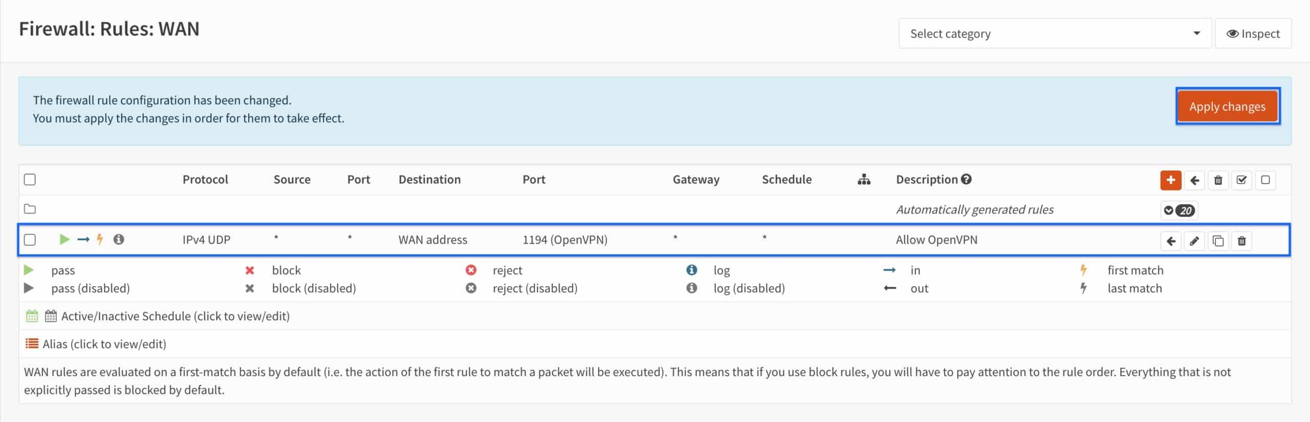 OPNsense - OpenVPN Server - WAN Rule Created - Apply Changes