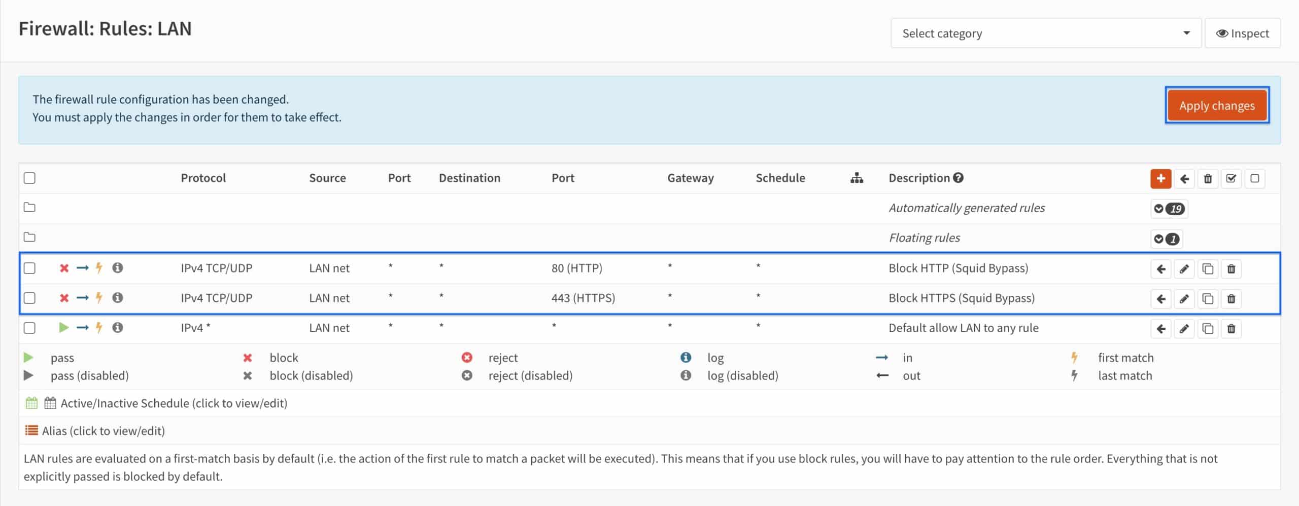 OPNsense - Squid - Firewall Rules - Apply Changes