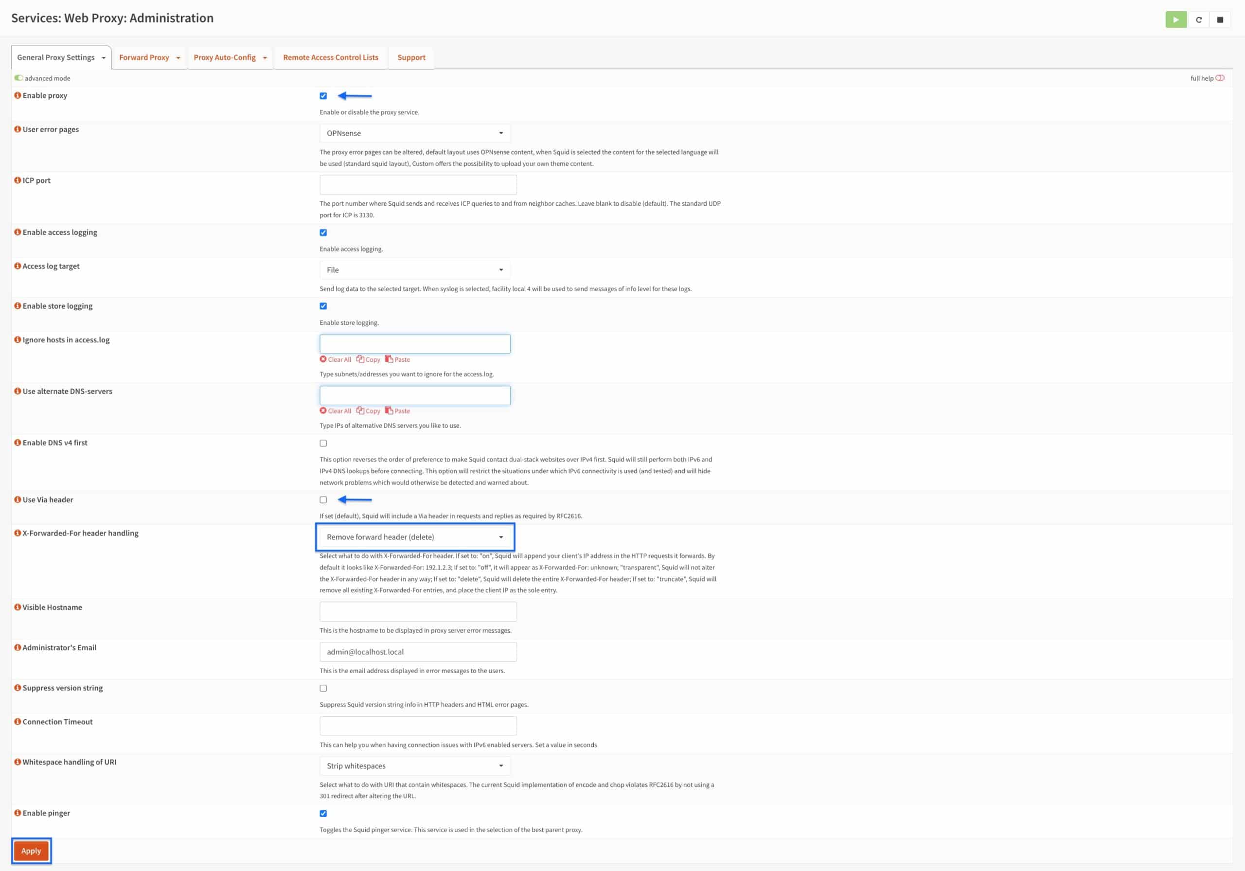OPNsense - Squid - Administration Settings