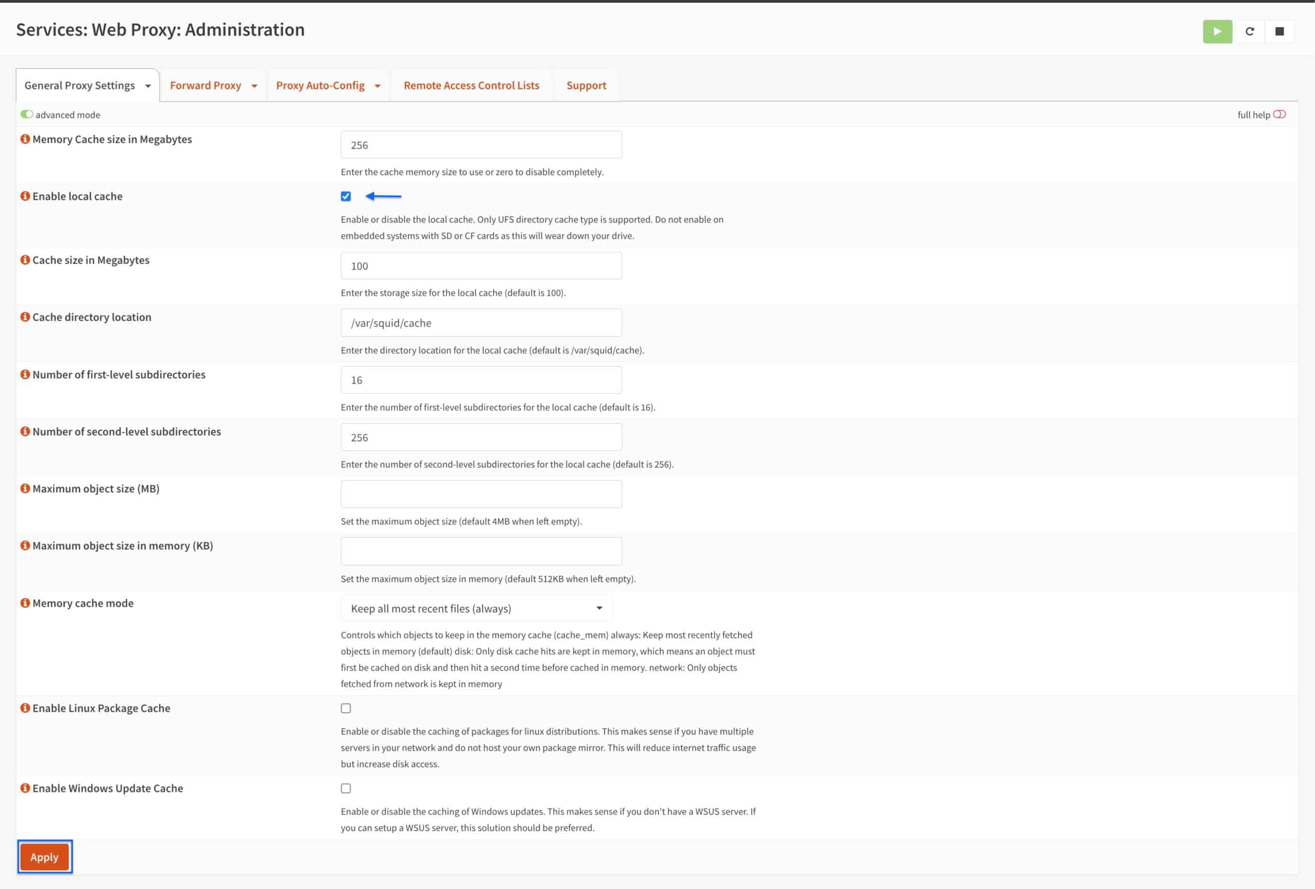 OPNsense - Squid - Enable Local Cache