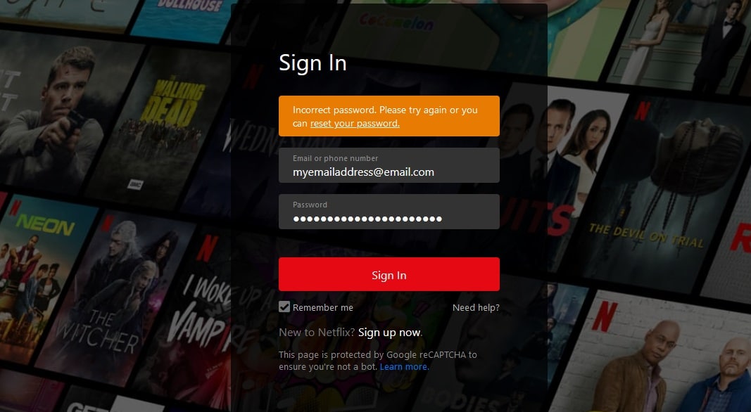Screenshot of Netflix's login page showing an incorrect login error