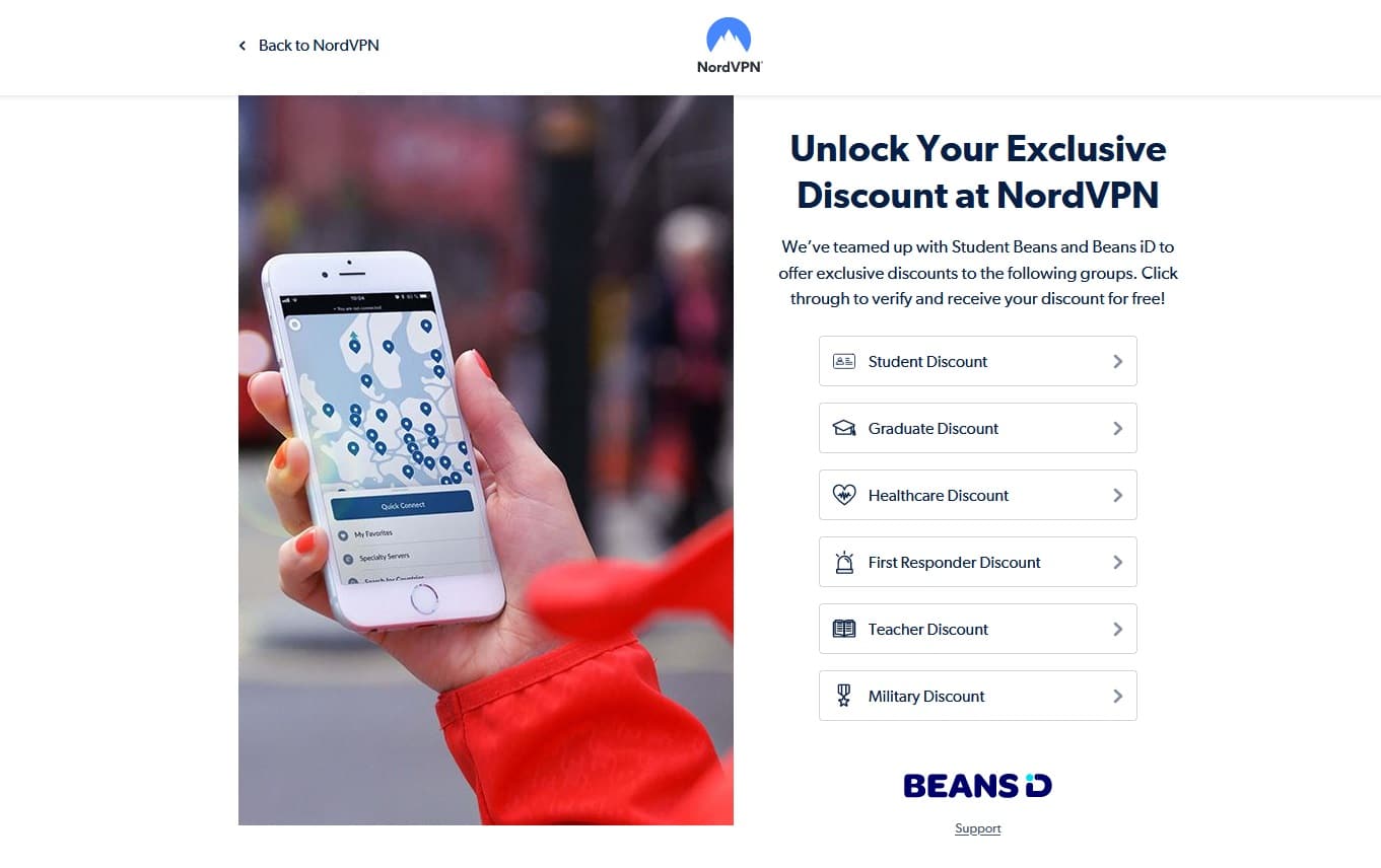 Screenshot of NordVPN's occupational discount page