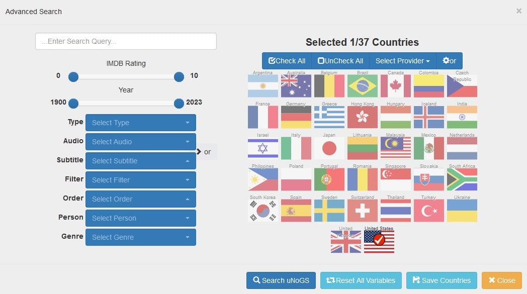 Screenshot of UnoGS' advanced search options