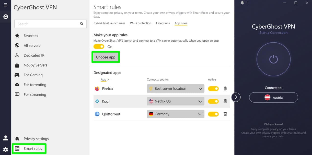 Screenshot showing a user creating smart connection rules for three different applications