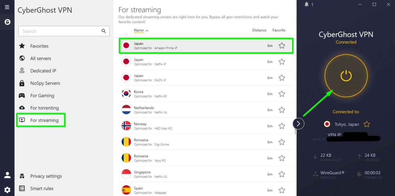 Screenshot showing the user connecting to one of CyberGhost's Japanese streaming servers