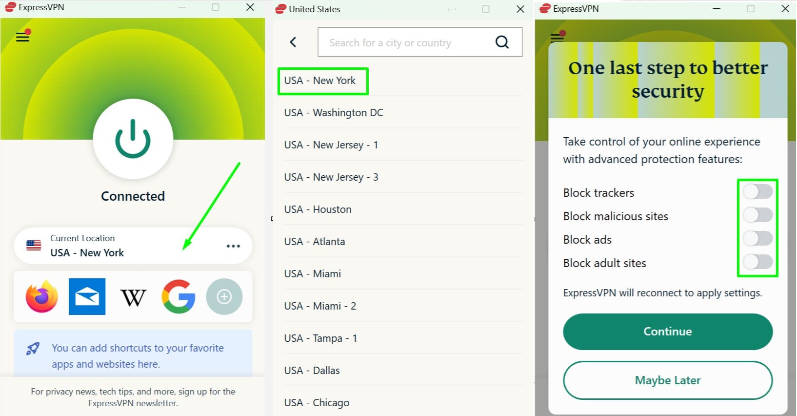 Screenshot showing ExpressVPN's server selection process and the first-time Threat Protection prompt