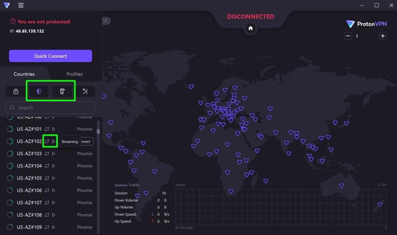 Screenshot showing the location of ProtonVPN's kill switch and ad-blocking features