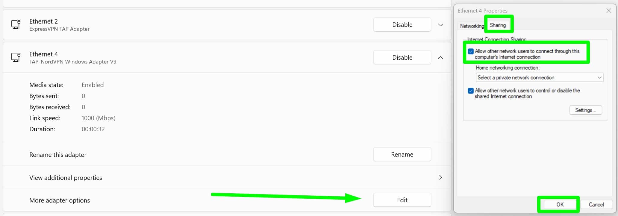 Sharing a VPN connection over ethernet in Windows 11