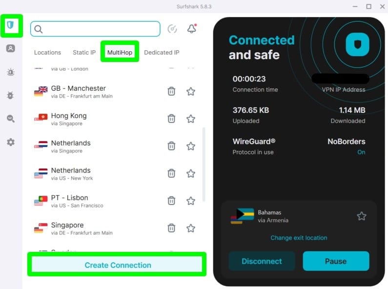 Screenshot showing Surfshark's multihop servers and the create connection button