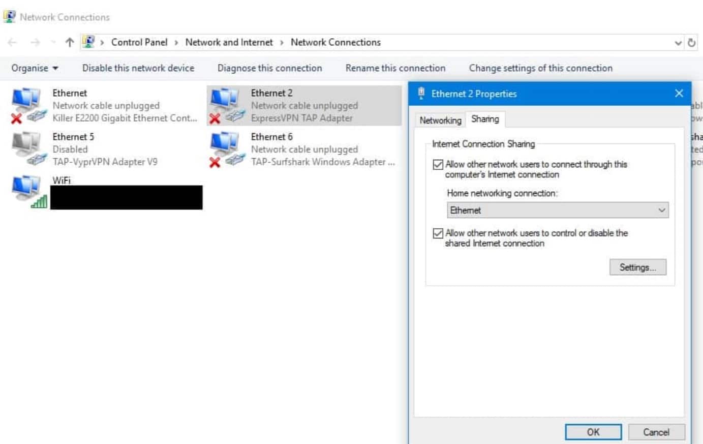 Screenshot showing how to share a VPN connection over Ethernet in Windows 10