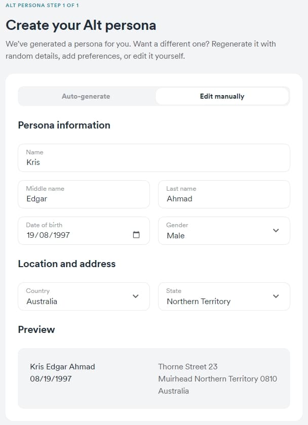 Surfshark's Alternative ID feature.