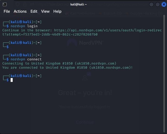 Connexion au serveur NordVPN via l'interface de ligne de commande