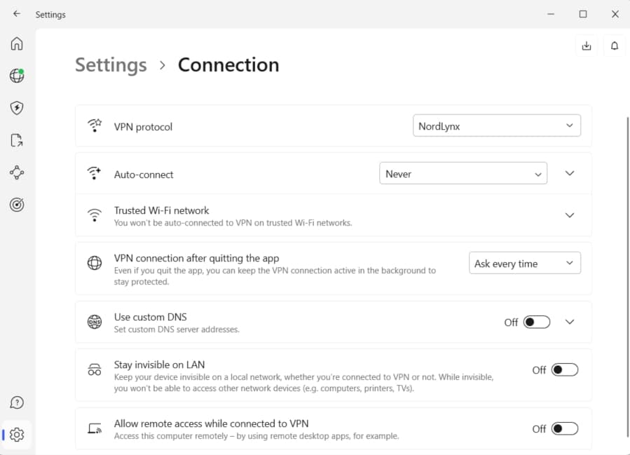 NordVPN connection options.