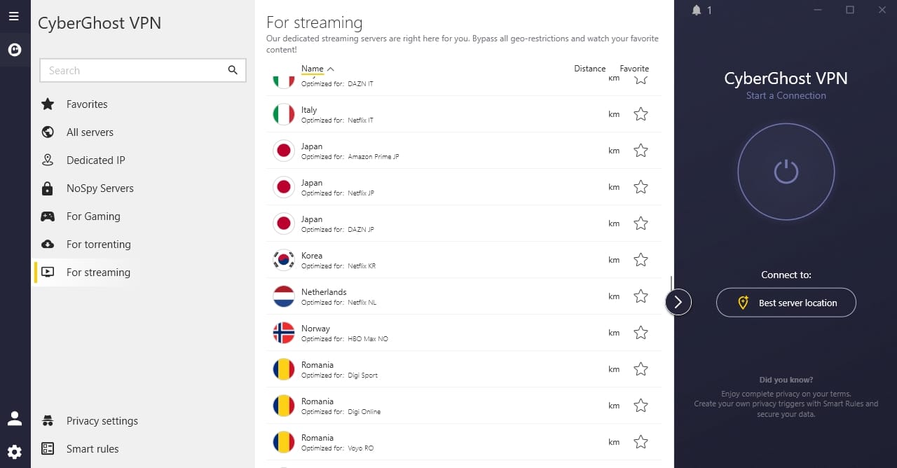 CyberGhost's streaming optimized servers.