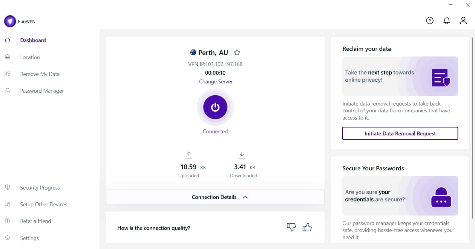 The PureVPN dashboard.