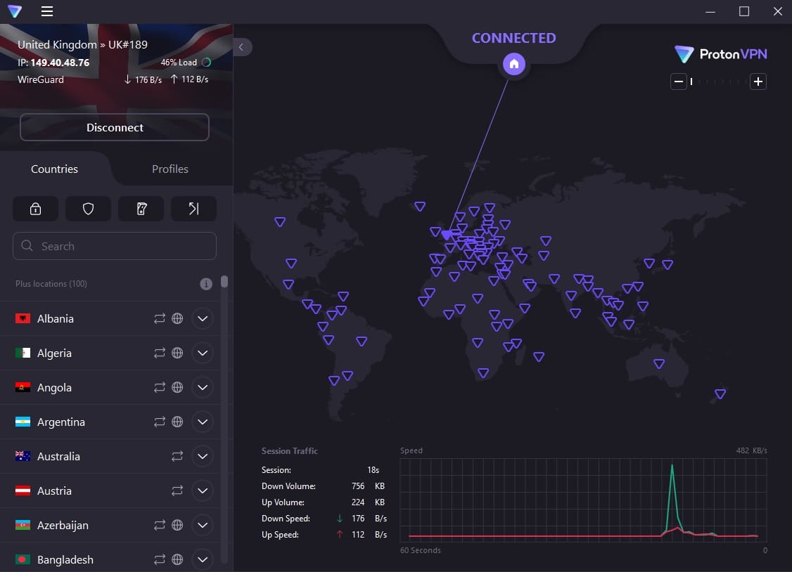 The ProtonVPN dashboard.