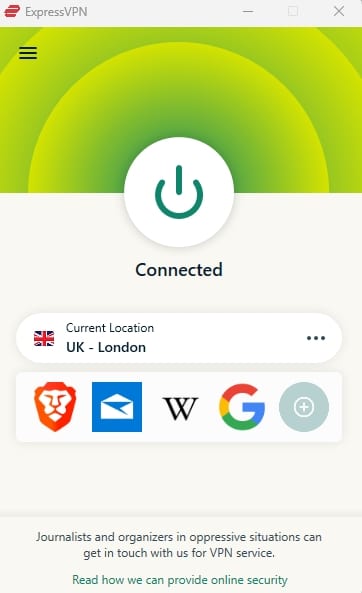 The ExpressVPN dashboard.