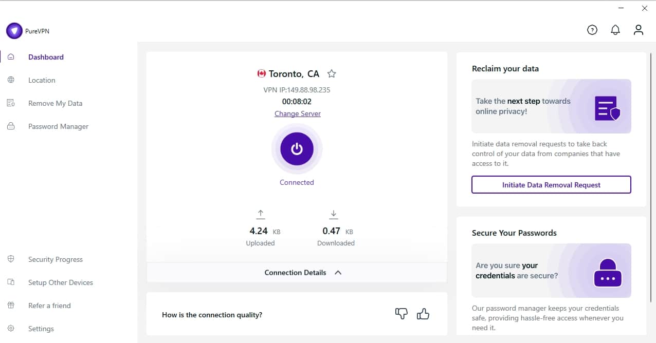 The PureVPN dashboard.