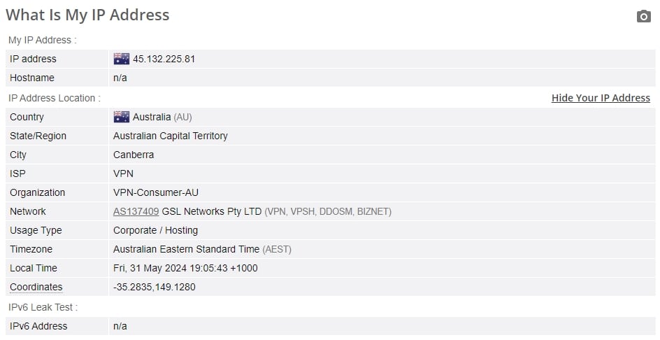 ExpressVPN IP leak test.