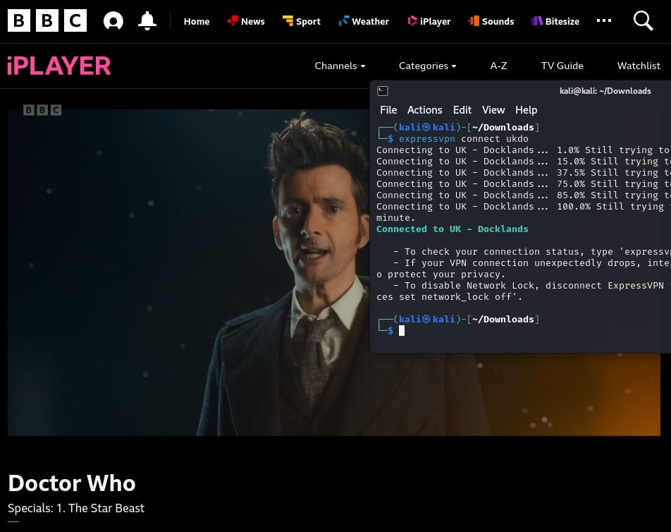BBC iPlayer en utilisant l'application ExpressVPN pour Linux.