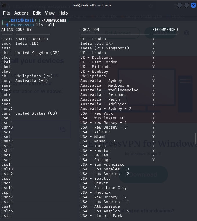 Liste des serveurs ExpressVPN.