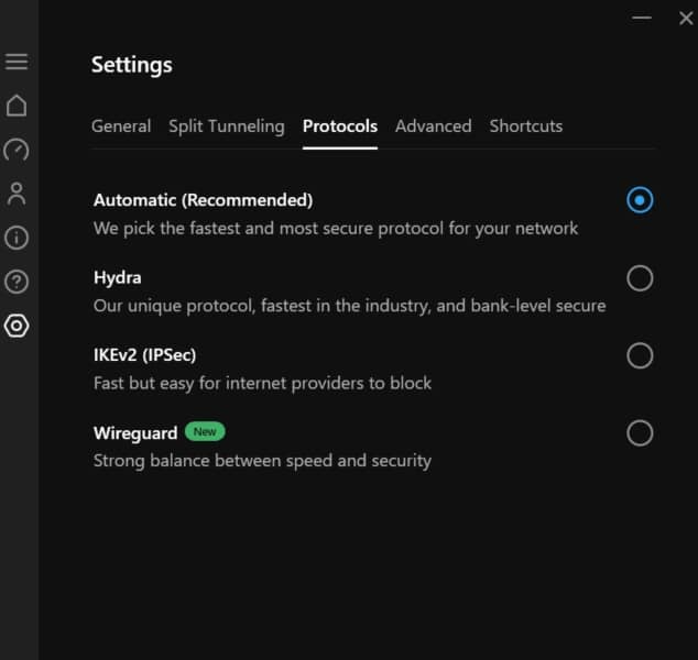 Hotspot Shield's protocol options.