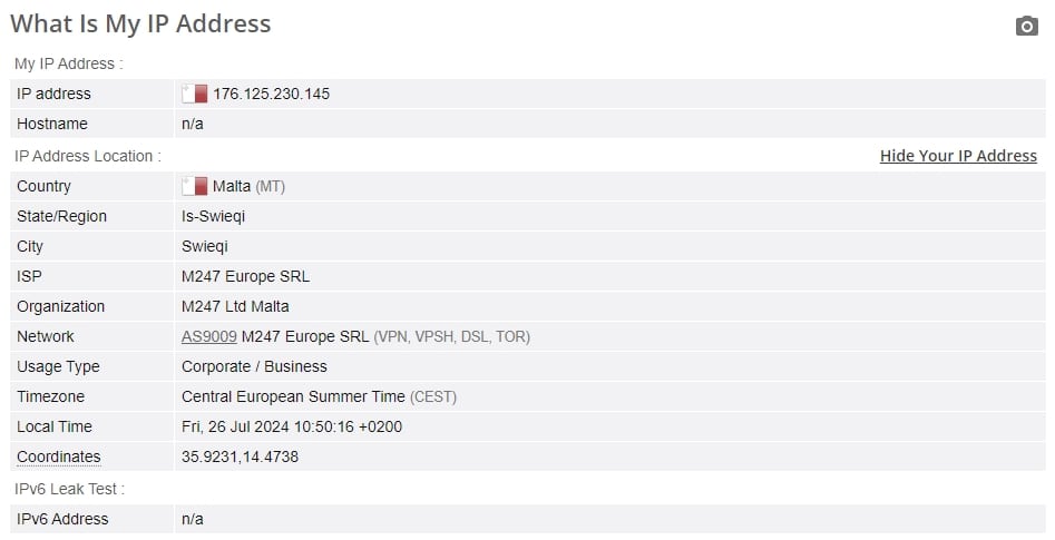 CyberGhost IP test.