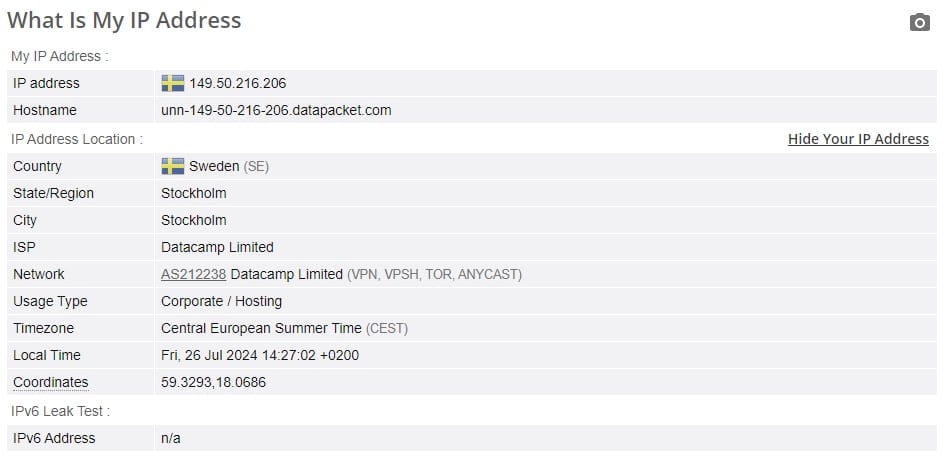 ProtonVPN IP leak test.