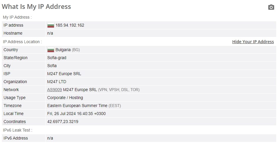 PrivateVPN IP leak test.