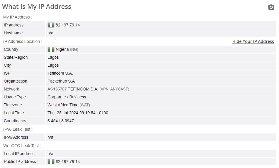 NordVPN IP leak test
