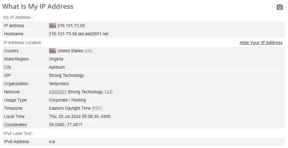 IPVanish IP leak test.
