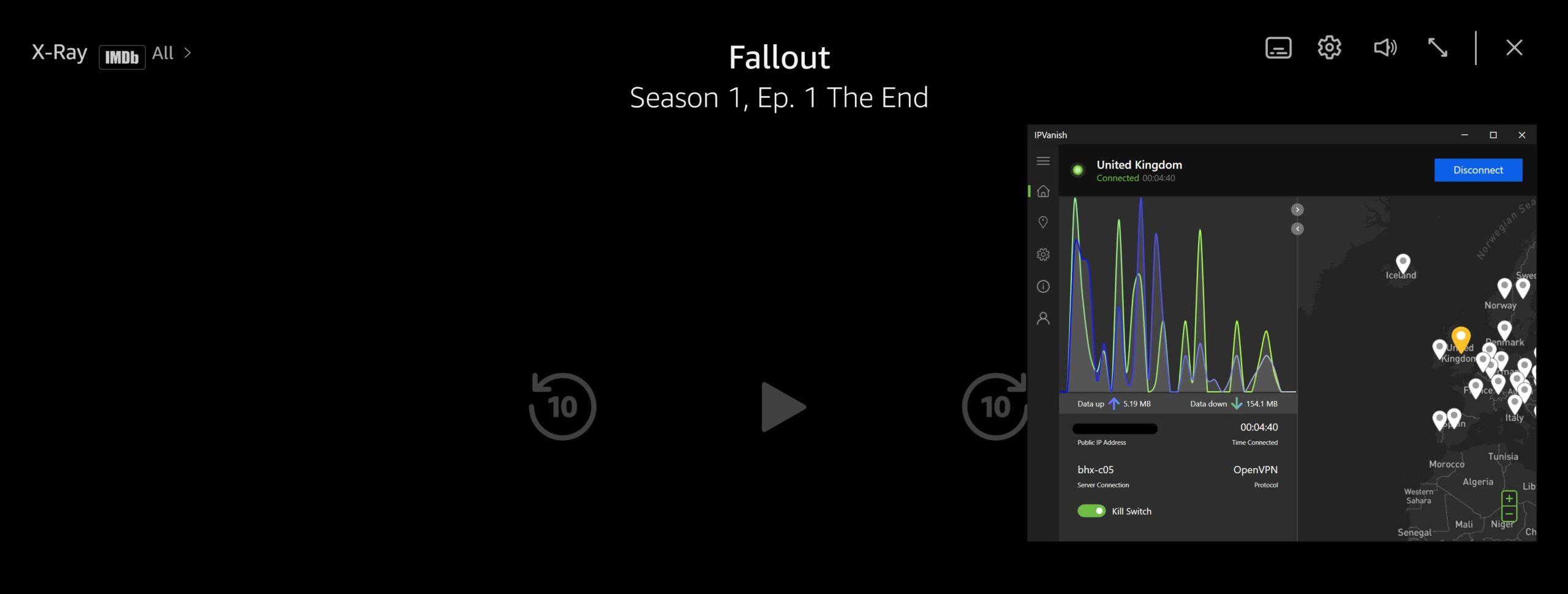 Screenshot showing someone using IPVanish to stream Amazon Prime Video
