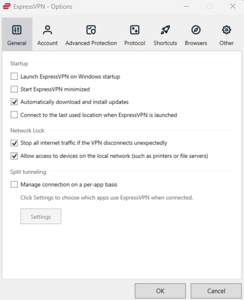 ExpressVPN Options.