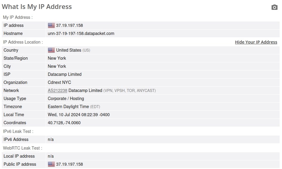 Test de fuite d'adresse IP PIA