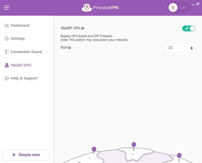 PrivateVPN's Stealth VPN feature.