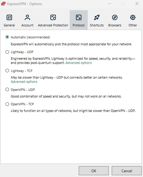 ExpressVPN's protocol options.