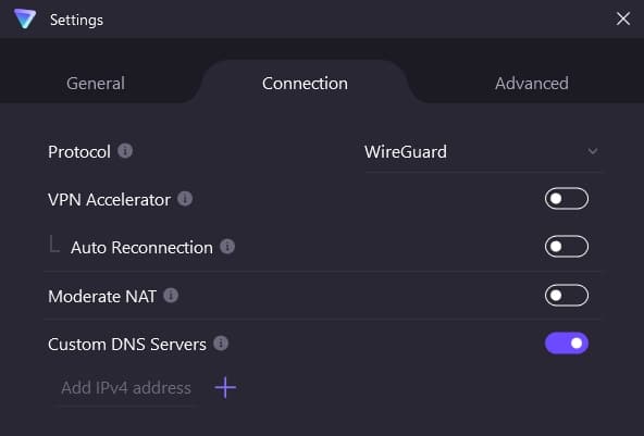 ProtonVPN custom DNS server options.