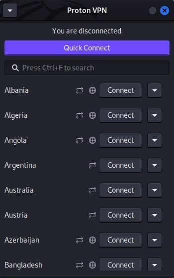 Tableau de bord de l'application ProtonVPN pour Linux.