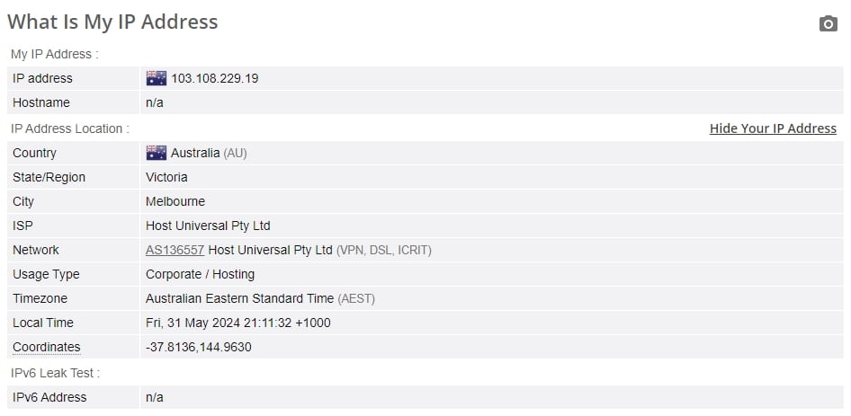 ProtonVPN IP leak test.